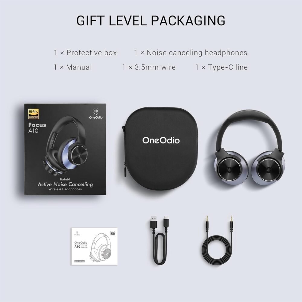 OneOdio A10 Hybrid Active Noise Cancelling Headphones, Wireless Over Ear Bluetooth Headphones, Hi-Res Audio Sound, 50H Long Playtime, Deep Bass, Wireless & Wired 2-in-1, Ideal for Travel Gym Workout - Image 8