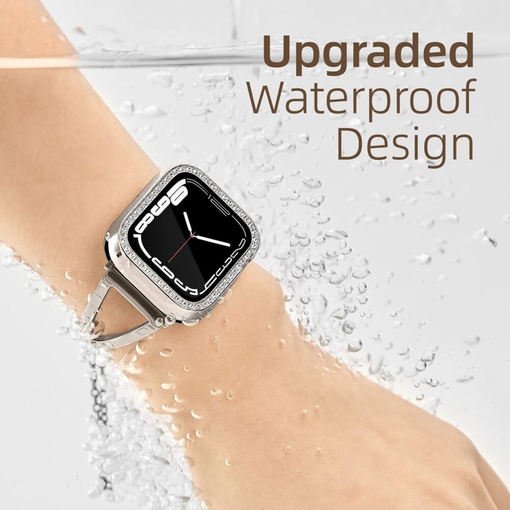 [2 in 1] Waterproof Bling Case Compatible for Apple Watch 41mm Series 8/7 with Tempered Glass Screen Protector, Women Glitter Diamond Rhinestone Bumper 360 Protective Hard PC Cover for iWatch - Image 3