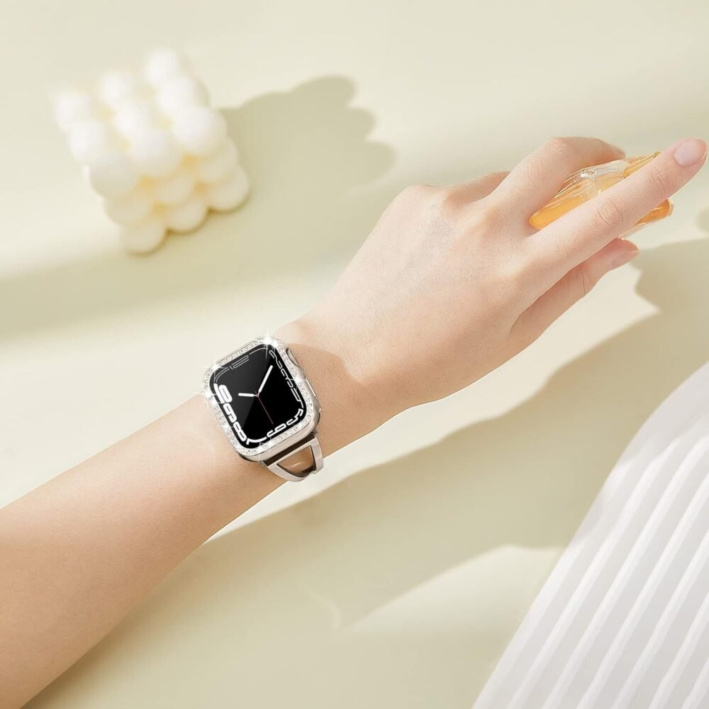 [2 in 1] Waterproof Bling Case Compatible for Apple Watch 41mm Series 8/7 with Tempered Glass Screen Protector, Women Glitter Diamond Rhinestone Bumper 360 Protective Hard PC Cover for iWatch - Image 6