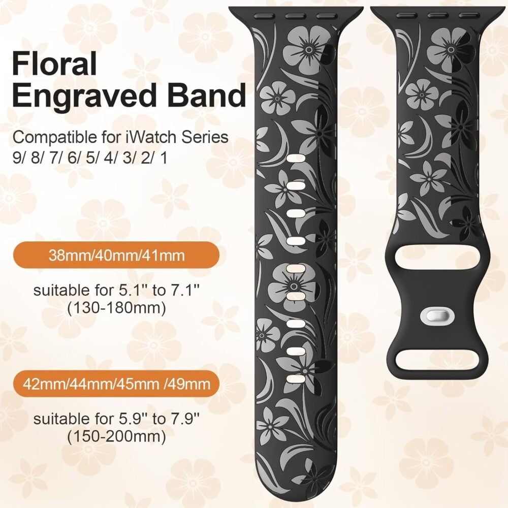 Floral Engraved Band Compatible with Apple Watch Band 38mm 40mm 41mm 42mm 44mm 45mm 46mm 49mm, Designer Silicone Glossy Wildflower Strap for iWatch Band Series Ultra 10 9 8 7 6 SE 5 4 3 2 1 - Image 3
