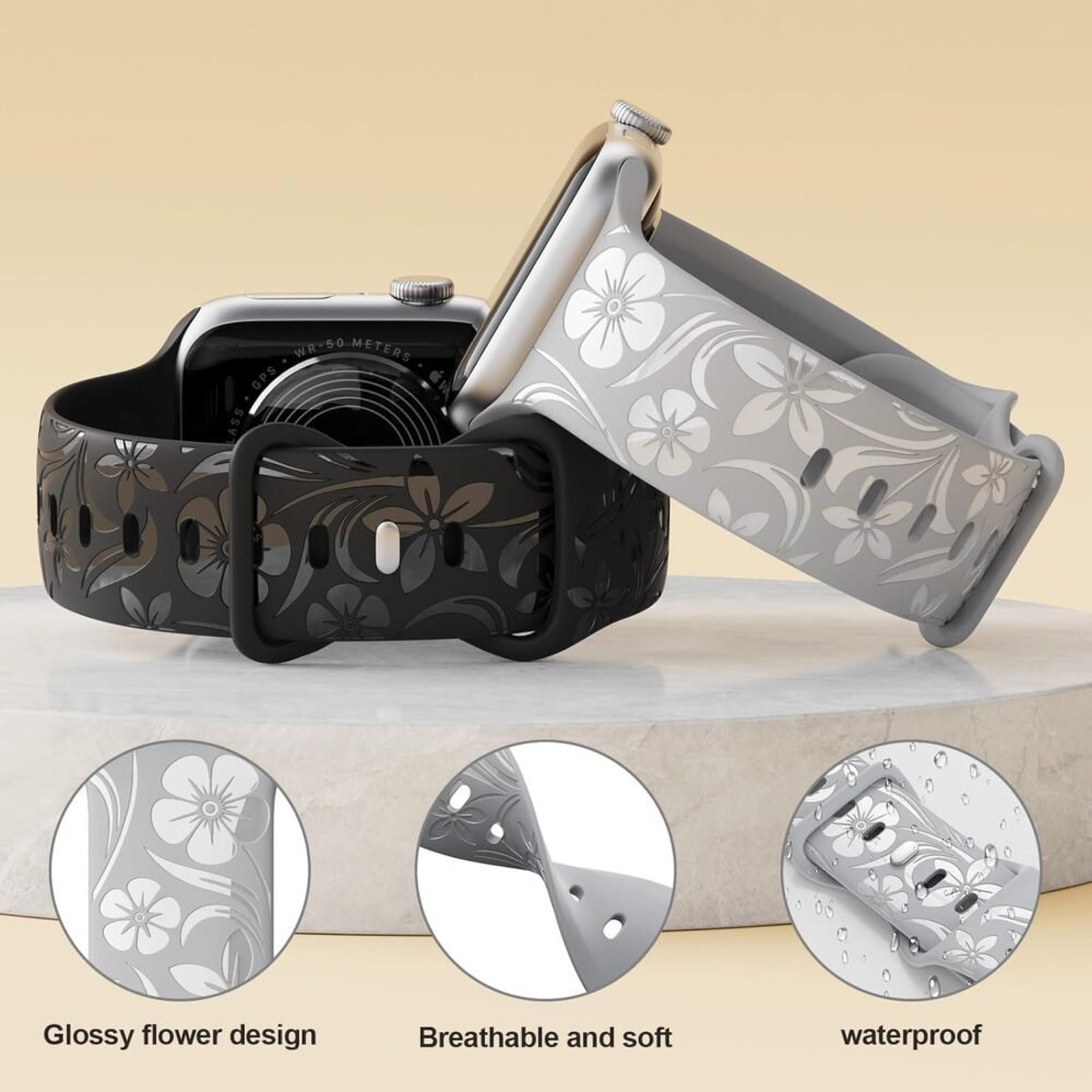 Floral Engraved Band Compatible with Apple Watch Band 38mm 40mm 41mm 42mm 44mm 45mm 46mm 49mm, Designer Silicone Glossy Wildflower Strap for iWatch Band Series Ultra 10 9 8 7 6 SE 5 4 3 2 1 - Image 4