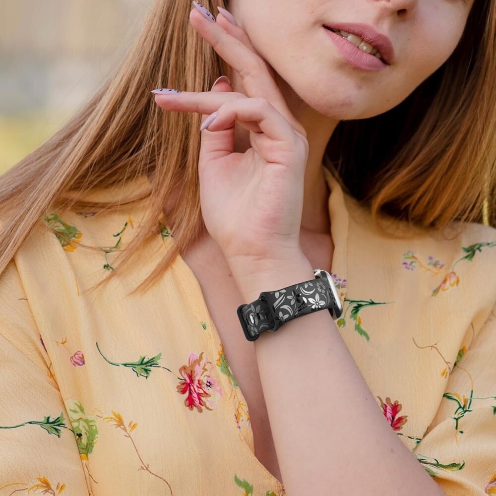 Floral Engraved Band Compatible with Apple Watch Band 38mm 40mm 41mm 42mm 44mm 45mm 46mm 49mm, Designer Silicone Glossy Wildflower Strap for iWatch Band Series Ultra 10 9 8 7 6 SE 5 4 3 2 1 - Image 5