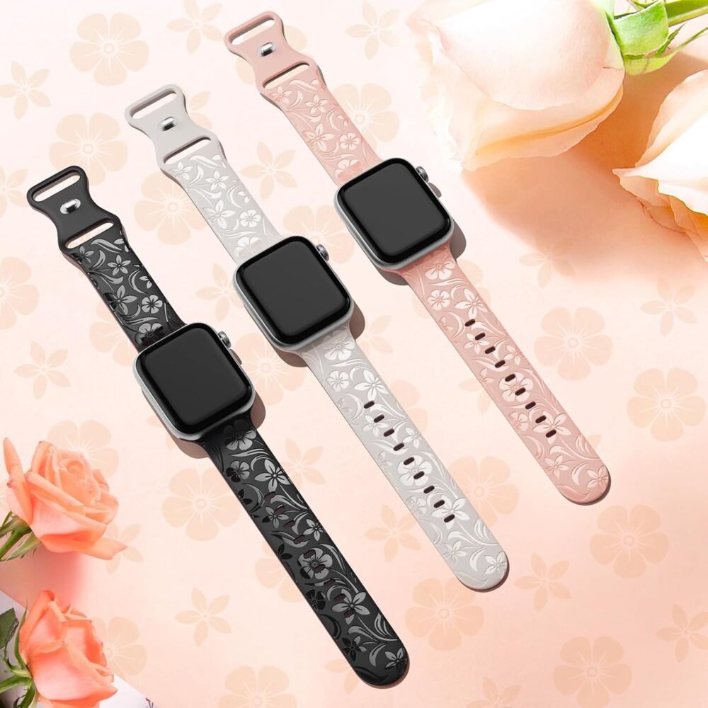 Floral Engraved Band Compatible with Apple Watch Band 38mm 40mm 41mm 42mm 44mm 45mm 46mm 49mm, Designer Silicone Glossy Wildflower Strap for iWatch Band Series Ultra 10 9 8 7 6 SE 5 4 3 2 1 - Image 7