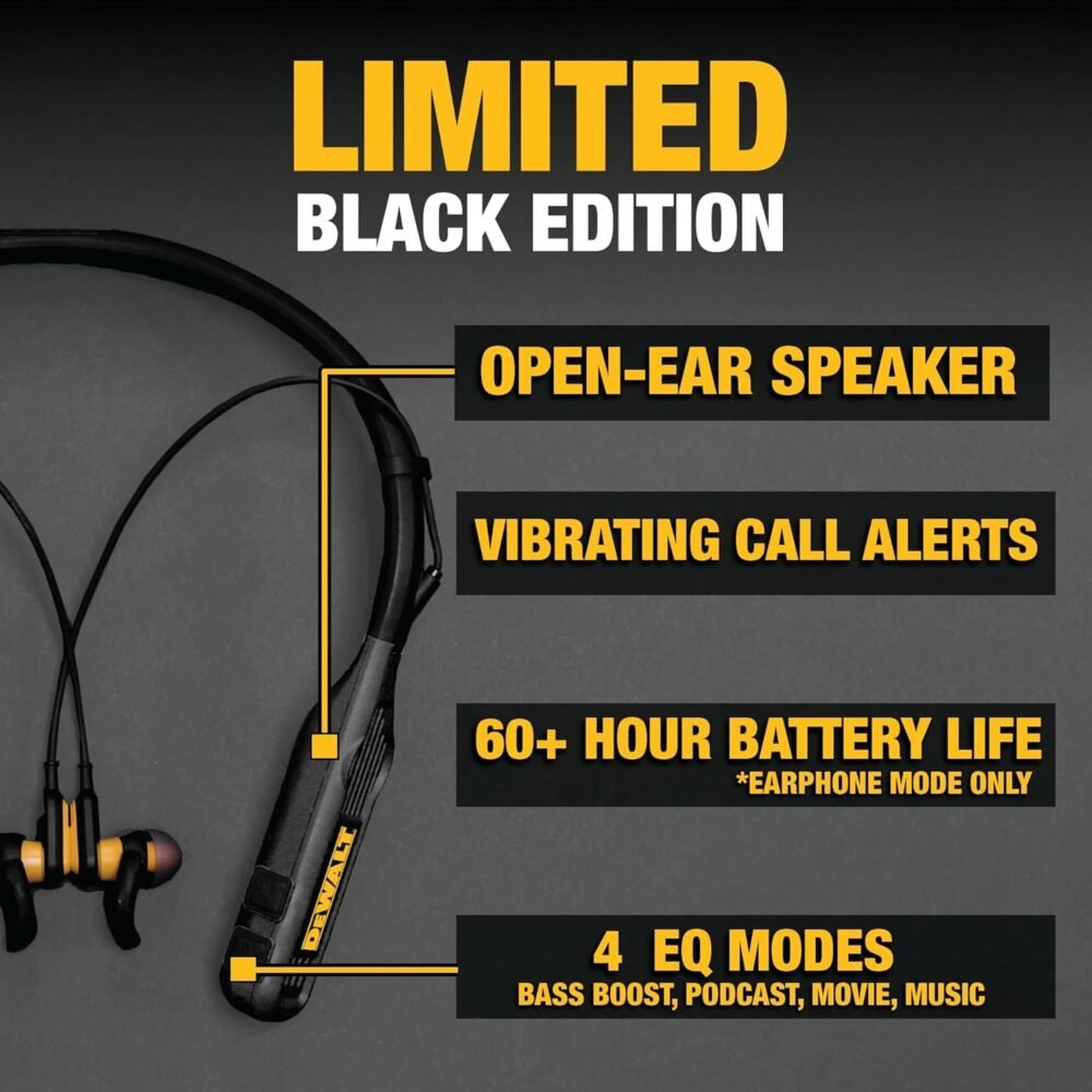 DEWALT 2-in-1 Neckband Bluetooth Headphones w/Built-in Speakers, Jobsite Wearable Speaker & Around Neck Headphones, Wireless Bluetooth Headset, 60+ Hrs, Hands-Free Music & Calls (Black) - Image 3