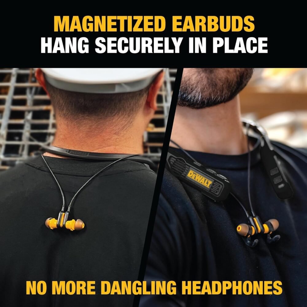 DEWALT 2-in-1 Neckband Bluetooth Headphones w/Built-in Speakers, Jobsite Wearable Speaker & Around Neck Headphones, Wireless Bluetooth Headset, 60+ Hrs, Hands-Free Music & Calls (Black) - Image 8