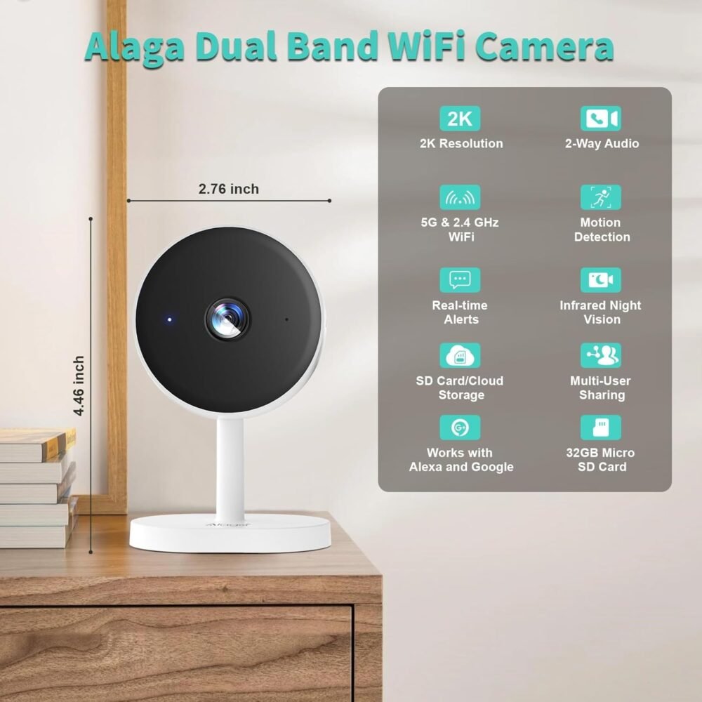 Alaga WiFi Indoor Security Camera, Baby Monitor, AI Motion Detection, 2 Way Audio, Night Vision, Cloud and SD Card Storage, Compatible with Alexa and Google Assistant, with 32G TF Card - Image 3