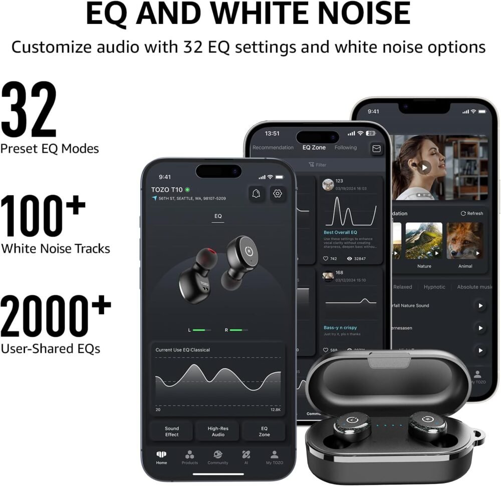TOZO T10 True Wireless Bluetooth 5.3 Earbuds, 45H Playtime, Wireless Charging Case, IPX8 Waterproof Stereo Headphones in Ear Built in Mic Headset Premium Sound with Deep Bass, 32 Preset EQs via APP - Image 5