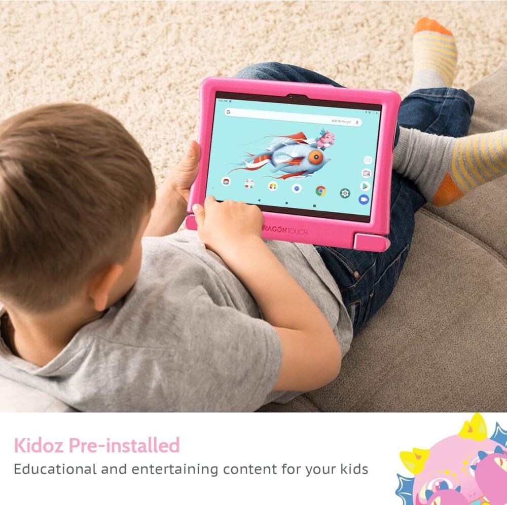 Kids Tablet 10 inch IPS HD Display Android Tablets with 32GB Storage, 2GB RAM, Quad Core Processor, KIDOZ Pre-Installed, Kid-Proof Case, Shoulder Strap and Stylus, WiFi Only – Pink - Image 4