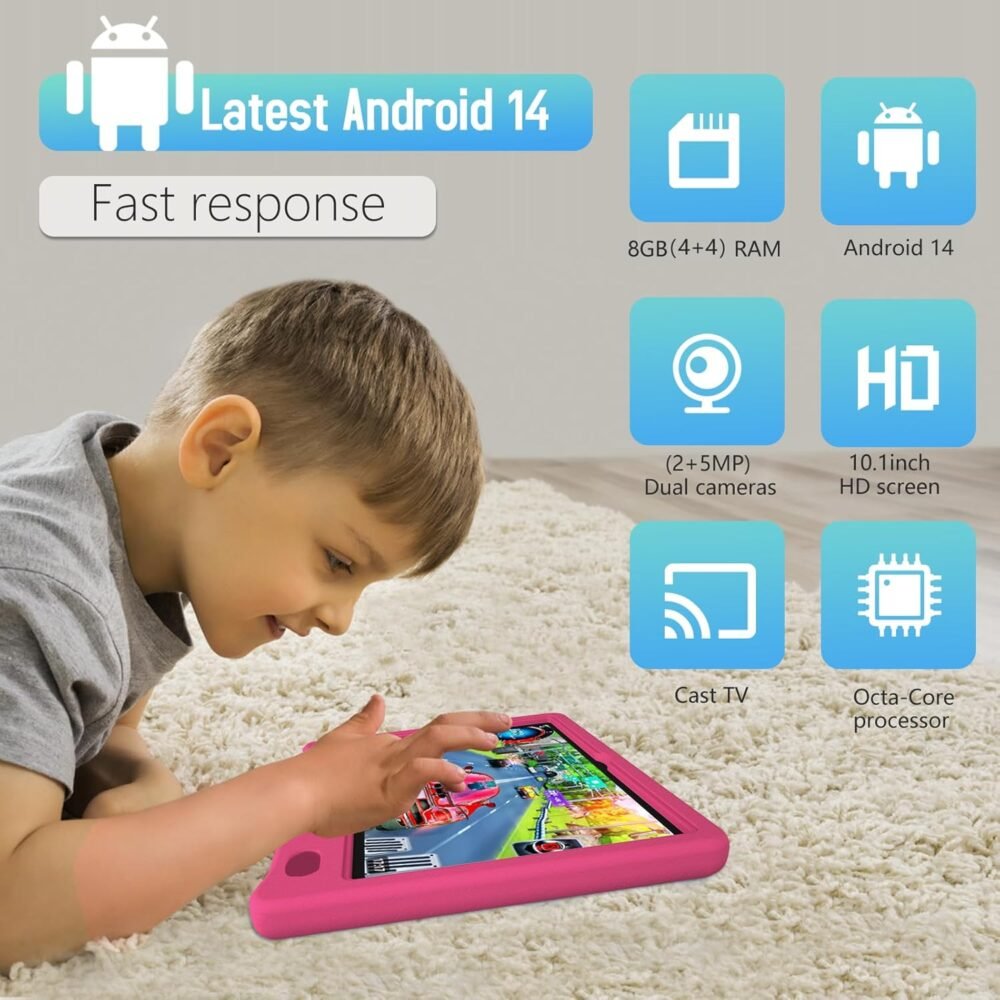 Tablet for Kids 10.1 inch Android 14 6000mHA 8GB RAM+64GB ROM(Expandable to 1TB Kids Tablet Age 3-12 with Case& Lanyard WiFi6 Google Kids Space Parental Control 1280 * 800 HD Screen Pink - Image 6