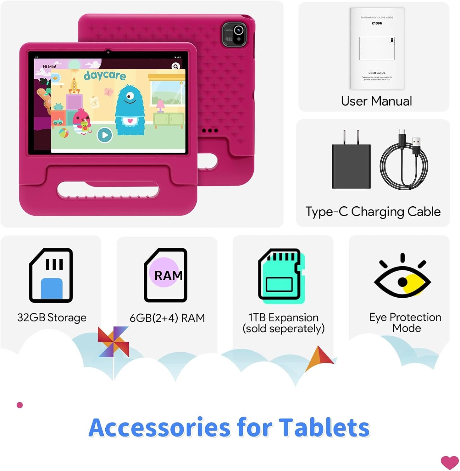 Kids Tablet, 10 inch Tablet for Kids with EVA Shockproof Case, 2+32GB(SD Expandable up to 512GB), Pre-Installed Google Kids Space, Parental Control, YouTube Kids, Gift for Child - Pink - Image 9