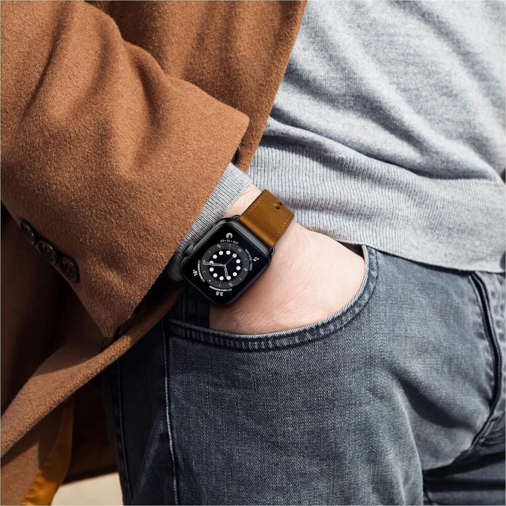 OUHENG Compatible with Apple Watch Band 49mm/46mm/45mm/44mm/42mm, Genuine Leather Bands Strap for iWatch Ultra 2/1 SE Series 10 9 8 7 6 5 4 3 2 1 (Retro Brown/Black) - Image 5