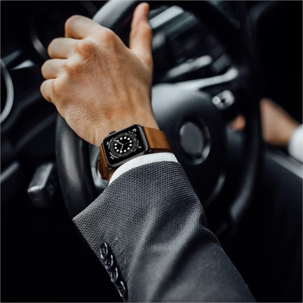 OUHENG Compatible with Apple Watch Band 49mm/46mm/45mm/44mm/42mm, Genuine Leather Bands Strap for iWatch Ultra 2/1 SE Series 10 9 8 7 6 5 4 3 2 1 (Retro Brown/Black) - Image 6
