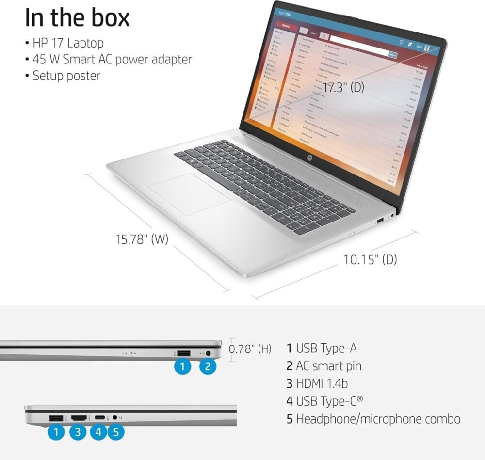HP 17 inch Laptop, Microsoft Office 2024 Lifetime License & Windows 11 Pro, AMD Ryzen 5 7430U Processor, 17.3” FHD Display, 32GB RAM, 1TB SSD, AMD Radeon Graphics, Wi-Fi 6, Long Battery Life - Image 7