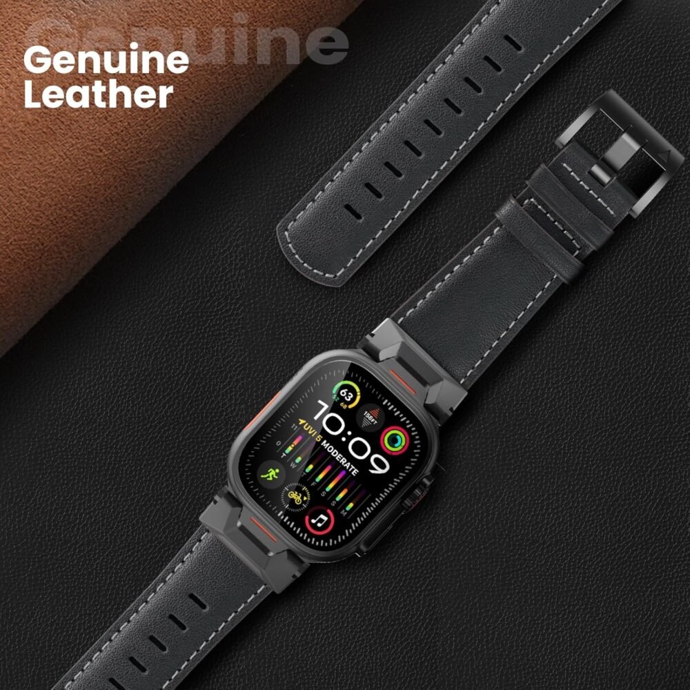 Genuine Leather Band Compatible with Apple Watch Ultra 2/Ultra Band 49mm 46mm 45mm 44mm 42mm for Men, Rugged Strap with Stainless Steel Connectors for iWatch Ultra Series 10 SE 9 8 7 6 5 4 3 - Image 4
