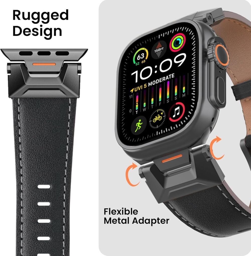 Genuine Leather Band Compatible with Apple Watch Ultra 2/Ultra Band 49mm 46mm 45mm 44mm 42mm for Men, Rugged Strap with Stainless Steel Connectors for iWatch Ultra Series 10 SE 9 8 7 6 5 4 3 - Image 5