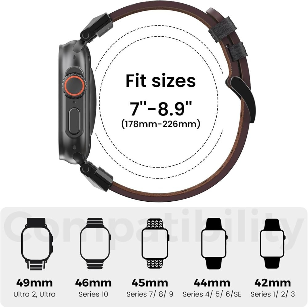 Genuine Leather Band Compatible with Apple Watch Ultra 2/Ultra Band 49mm 46mm 45mm 44mm 42mm for Men, Rugged Strap with Stainless Steel Connectors for iWatch Ultra Series 10 SE 9 8 7 6 5 4 3 - Image 6