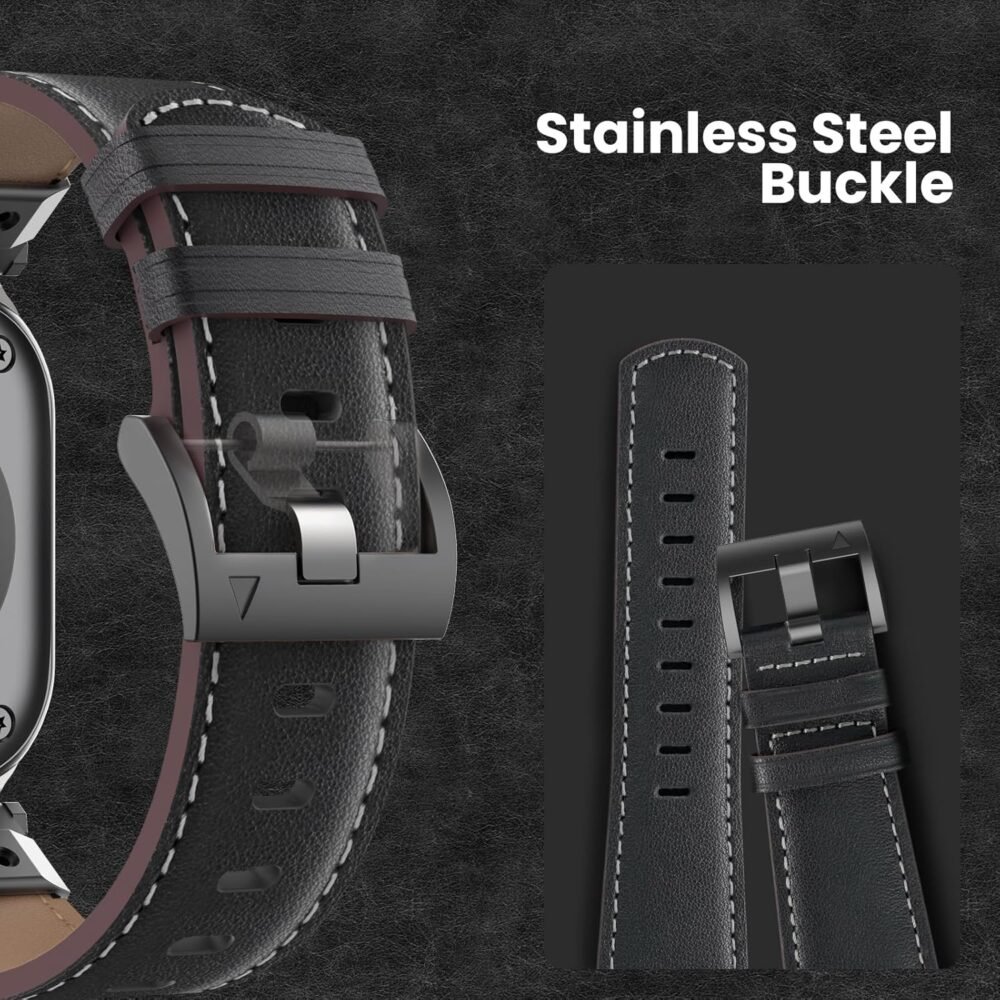 Genuine Leather Band Compatible with Apple Watch Ultra 2/Ultra Band 49mm 46mm 45mm 44mm 42mm for Men, Rugged Strap with Stainless Steel Connectors for iWatch Ultra Series 10 SE 9 8 7 6 5 4 3 - Image 7