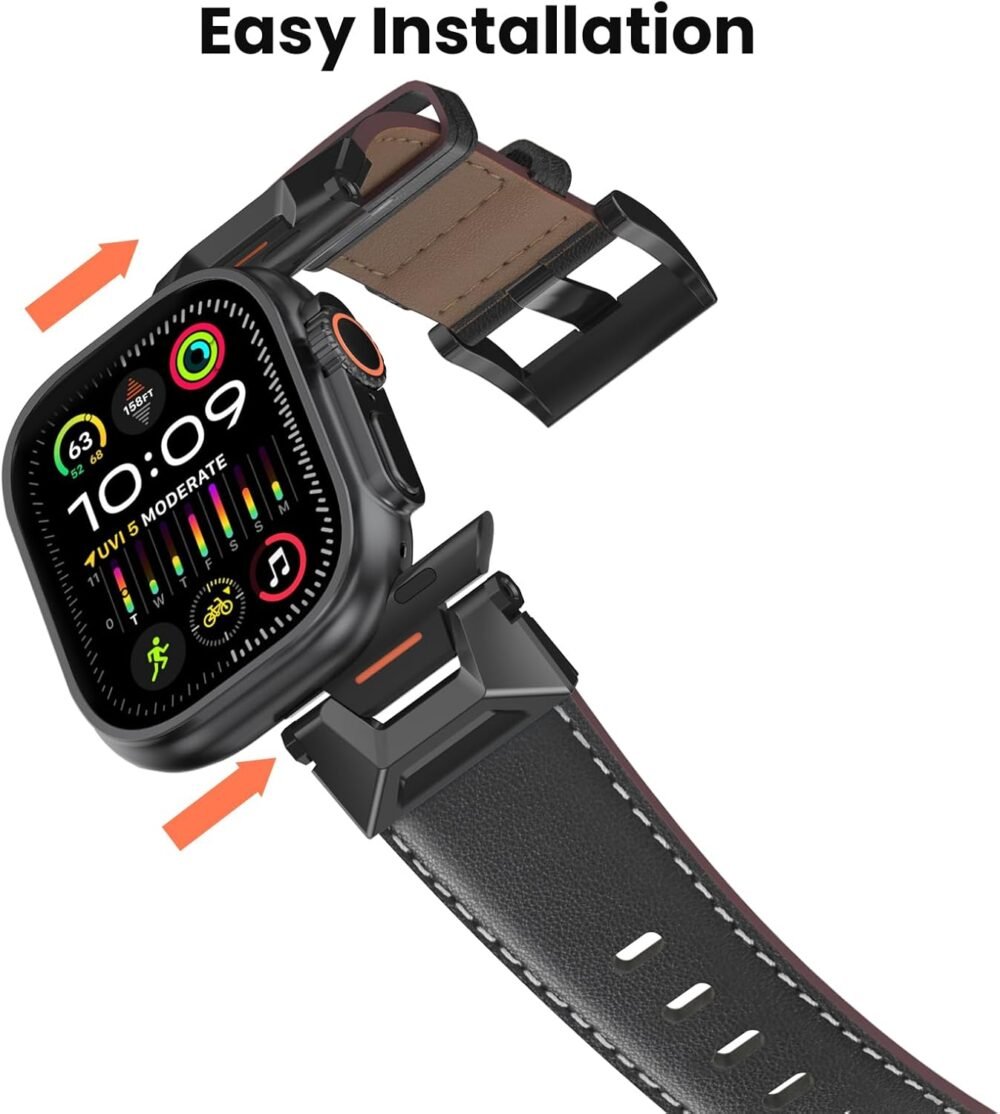Genuine Leather Band Compatible with Apple Watch Ultra 2/Ultra Band 49mm 46mm 45mm 44mm 42mm for Men, Rugged Strap with Stainless Steel Connectors for iWatch Ultra Series 10 SE 9 8 7 6 5 4 3 - Image 8