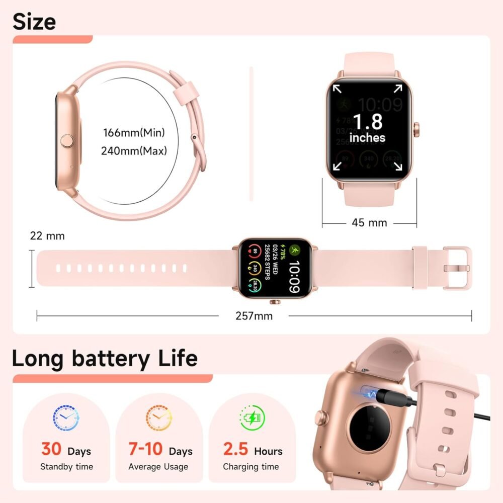 Smart Watches for Women Android & iPhone, Alexa Built-in, 1.8" Fitness Tracker with Answer/Make Calls, IP68 Waterproof Fitness Watch,Heart Rate, Sleep, SpO2 Monitor,Pedometer, Pink - Image 9