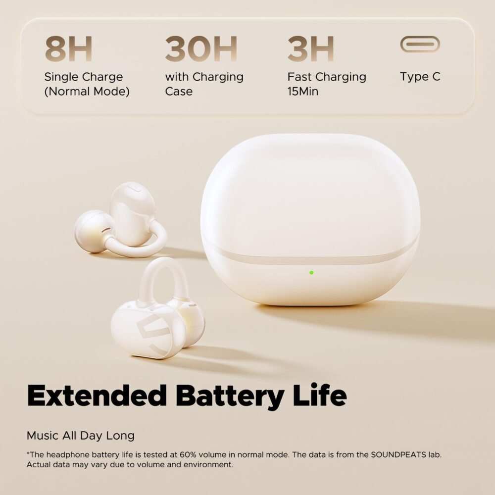 SoundPEATS POP Clip Wireless Open Ear Earbuds, Button Control, Lightweight Comfort Headphones, 30H Playtime, IPX5 Waterproof, Bluetooth 5.4 Immersive Audio Earphones for Sports Running Working, Beige - Image 5