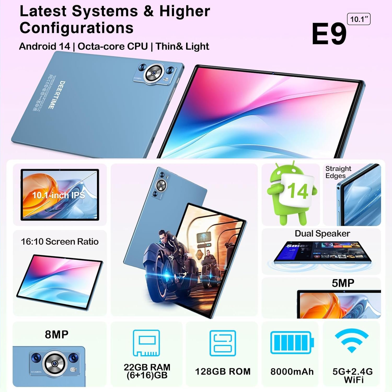 Android 14 Tablet 10.1 Inch 8000mAh Battery Tablets with 22GB RAM 128GB ROM 1TB Expand, Octa-Core HD Touchscreen Tablet with Keyboard, Mouse, Support Widevine L1, Split-Screen - Blue - Image 3