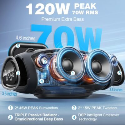 W-KING Portable Loud Speakers Bluetooth Wireless, 120W Max IPX6 Waterproof Outdoor Big Large Bluetooth Speaker Party Boombox 2 Subwoofer, Triple Passive Radiators-70W Deep Bass/42H/Power Bank/TF/AUX - Image 3