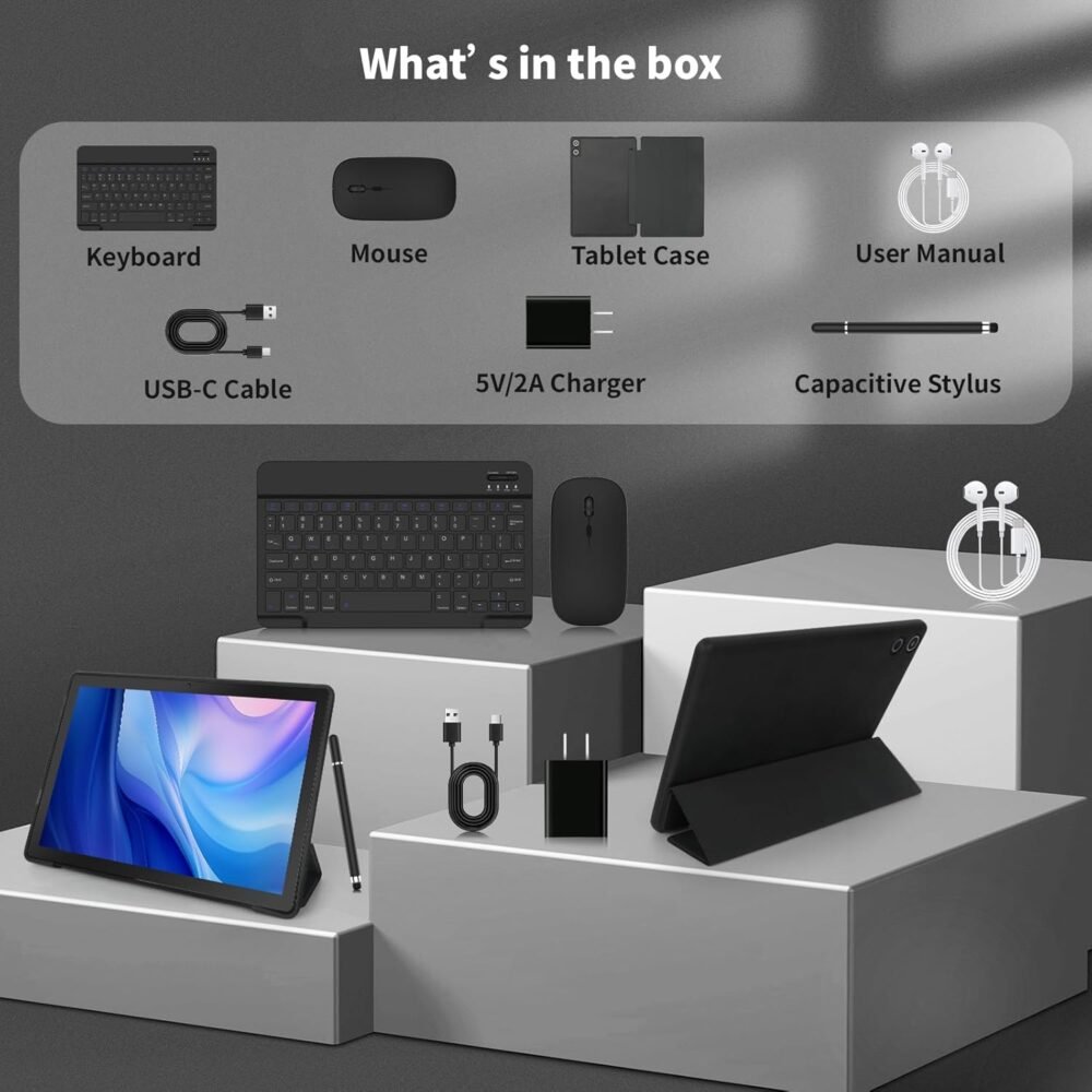 Android Tablet, 10.1 Inch Android 14 Tablet with 1280x800 IPS HD Touch Screen, Dual Camera, 64GB Storage 1TB Expansion, 8 in 1 Tablets Kit with Keyboard, Protective Case, Mouse, Stylus, BT 5.0, WiFi 6 - Image 8