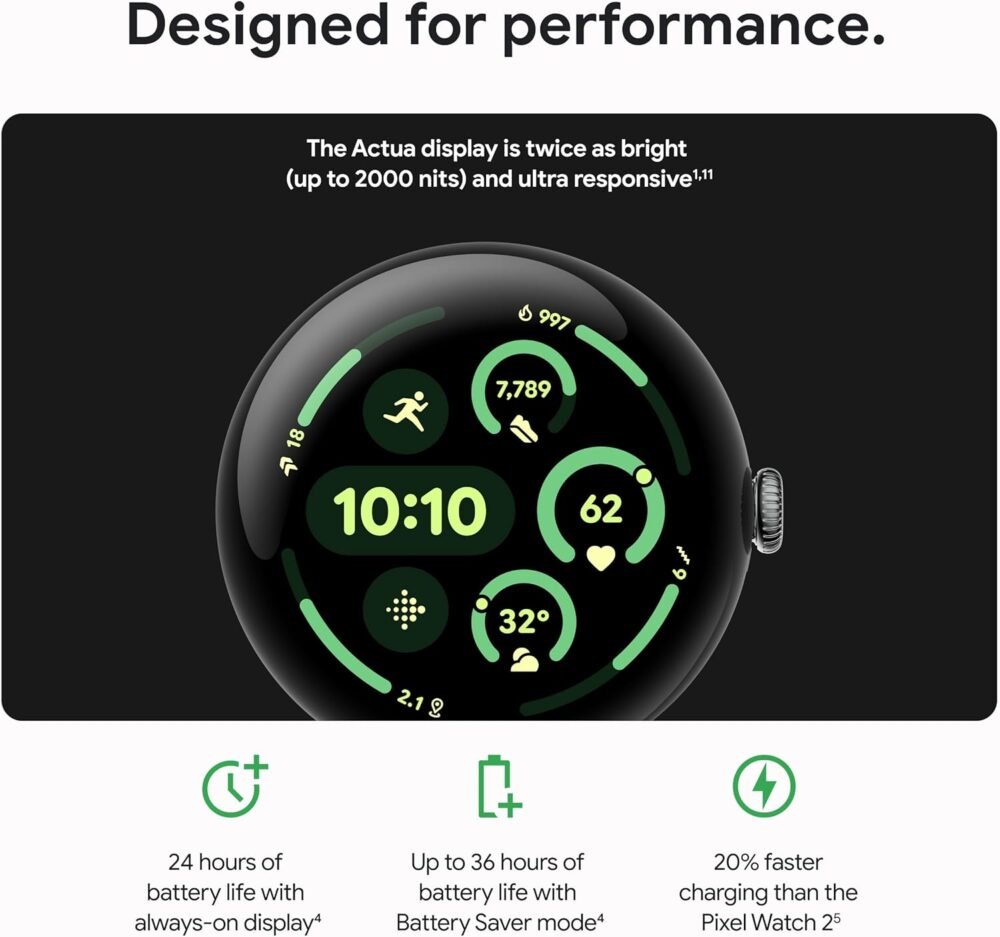 Google Pixel Watch 3 (41mm) Latest Model - Android Smartwatch, Heart Rate Tracking, Fitbit Advanced Running, Fitness Insights, 24-Hour Battery - Matte Black Aluminum Case - Obsidian Band - Wi-Fi - Image 5