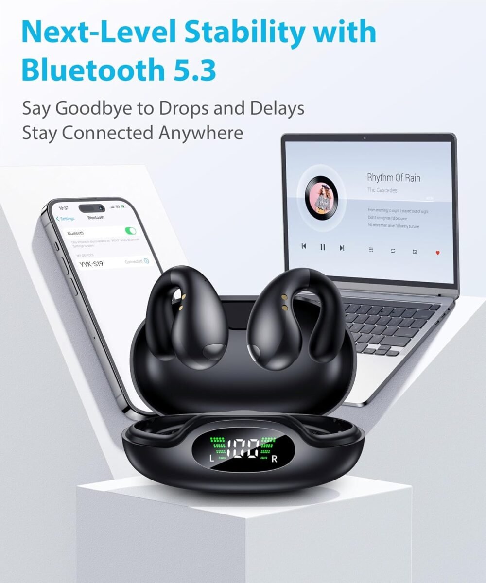 Ultra Open-Ear-Earbuds Wireless Bluetooth - Ergonomic Clip-On Earbuds, Bone Conduction Over-The-Ear Headphones with Waterproof Design and Secure Fit for Small Ears, Classic Black - Image 8