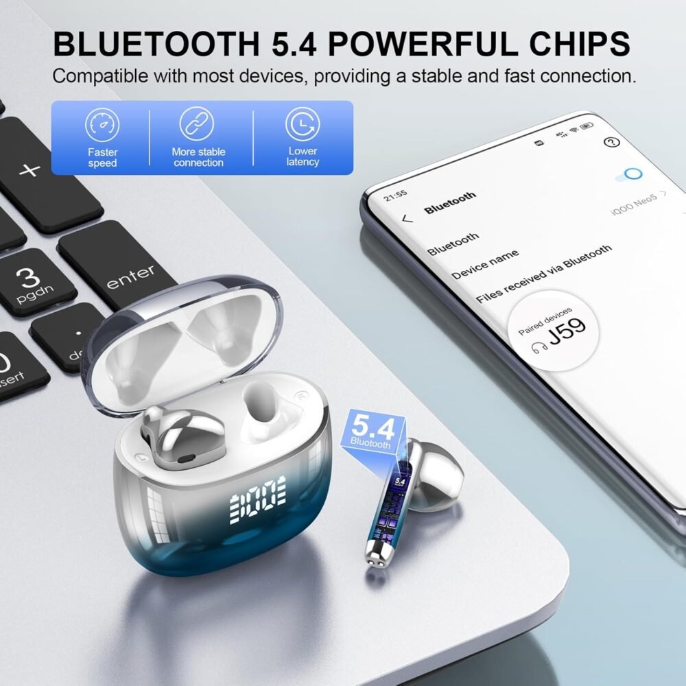 Wireless Earbuds, Bluetooth Headphones 48H Playtime Ear Buds with LED Power Display, IPX7 Waterproof Bluetooth 5.4 Earphones in-Ear Earbuds with 4 Mic for Android iOS Cell Phone Laptop, Light blue - Image 4