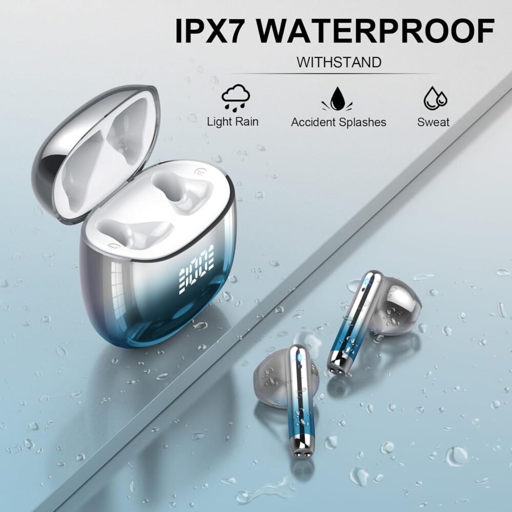 Wireless Earbuds, Bluetooth Headphones 48H Playtime Ear Buds with LED Power Display, IPX7 Waterproof Bluetooth 5.4 Earphones in-Ear Earbuds with 4 Mic for Android iOS Cell Phone Laptop, Light blue - Image 8