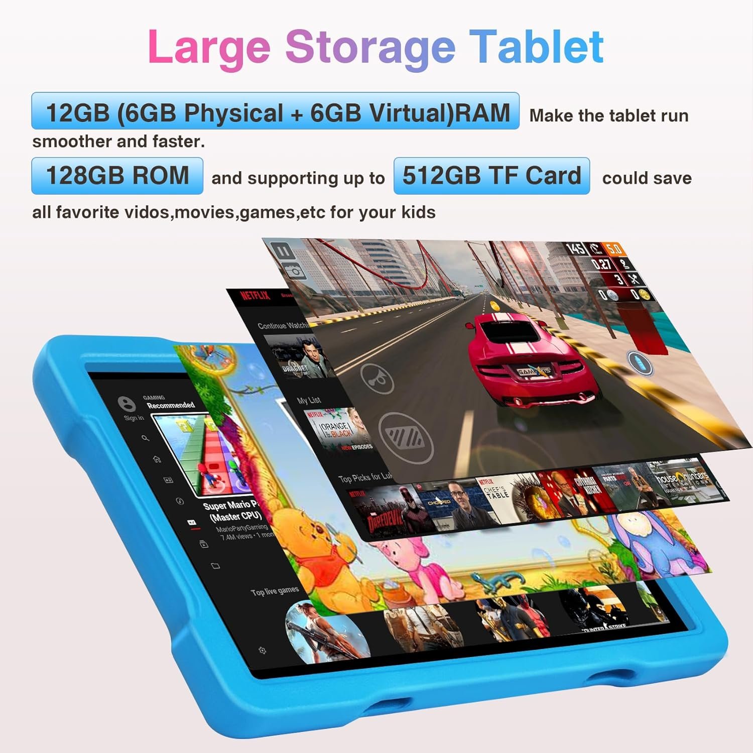 2024 Tablet 10 inch Tablets for Kids 12GB RAM 128GB ROM with Shockproof Case, Kids Space Parental Control, 6000mAh Battery, 5G/2.4G WiFi, 1280 x 800 HD Touchscreen, Bluetooth, GPS, Android 13 (Blue) - Image 3