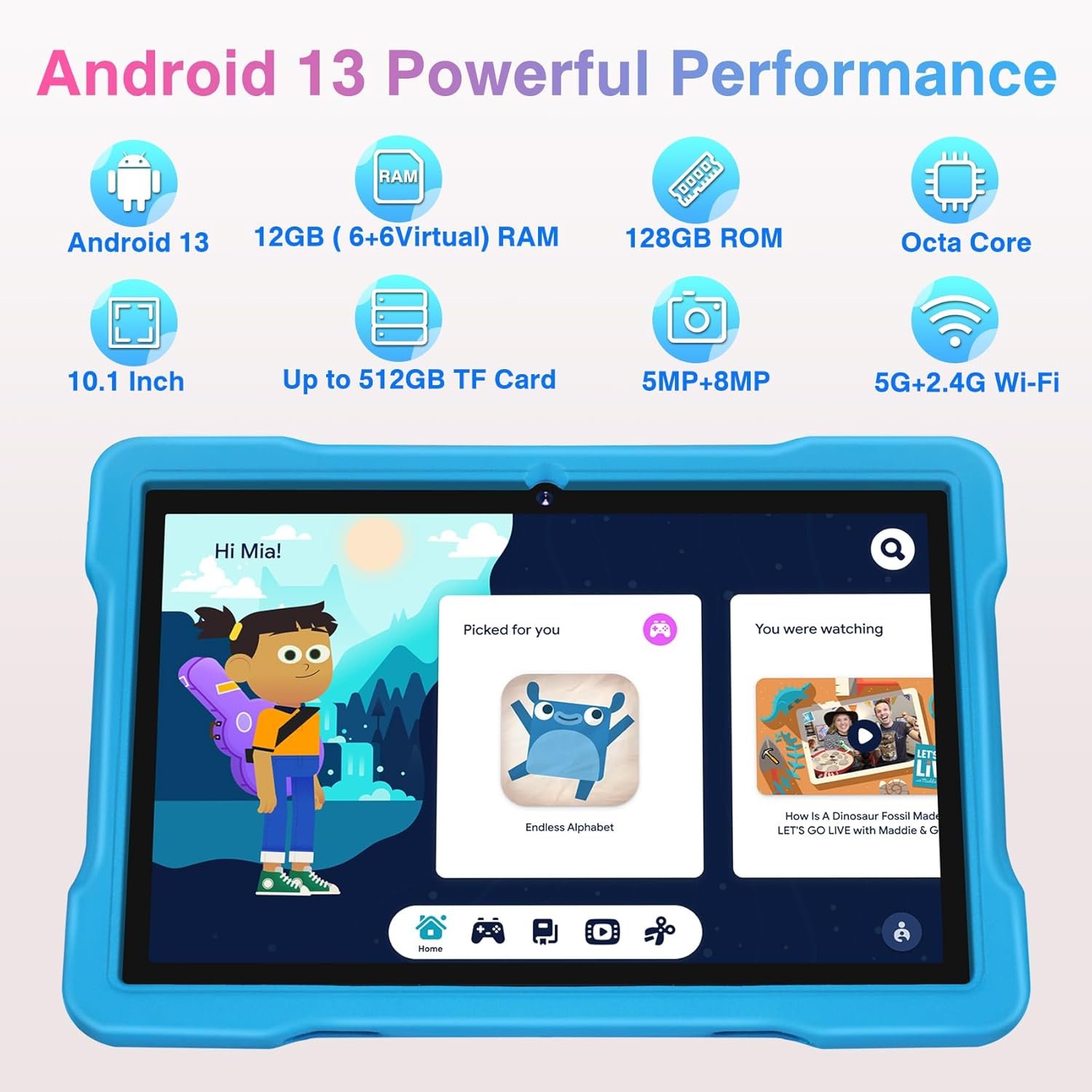 2024 Tablet 10 inch Tablets for Kids 12GB RAM 128GB ROM with Shockproof Case, Kids Space Parental Control, 6000mAh Battery, 5G/2.4G WiFi, 1280 x 800 HD Touchscreen, Bluetooth, GPS, Android 13 (Blue) - Image 4