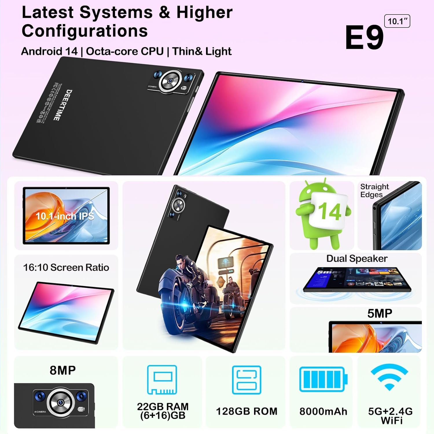 Android 14 Tablet 10.1 Inch 8000mAh Battery Tablets with 22GB RAM 128GB ROM 1TB Expand, Octa-Core HD Touchscreen Tablet with Keyboard, Mouse, Support Widevine L1, Split-Screen - Black - Image 3