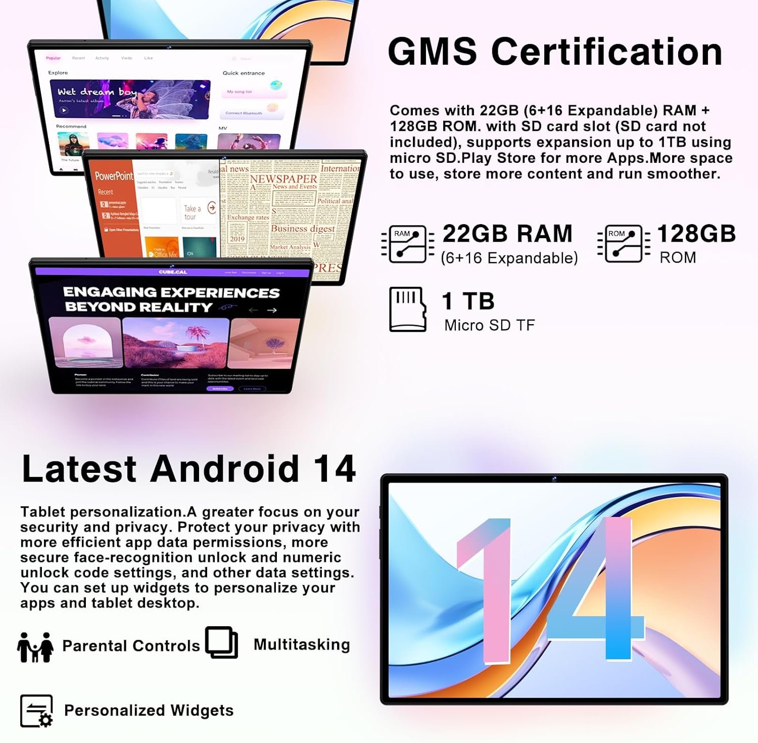 Android 14 Tablet 10.1 Inch 8000mAh Battery Tablets with 22GB RAM 128GB ROM 1TB Expand, Octa-Core HD Touchscreen Tablet with Keyboard, Mouse, Support Widevine L1, Split-Screen - Black - Image 4