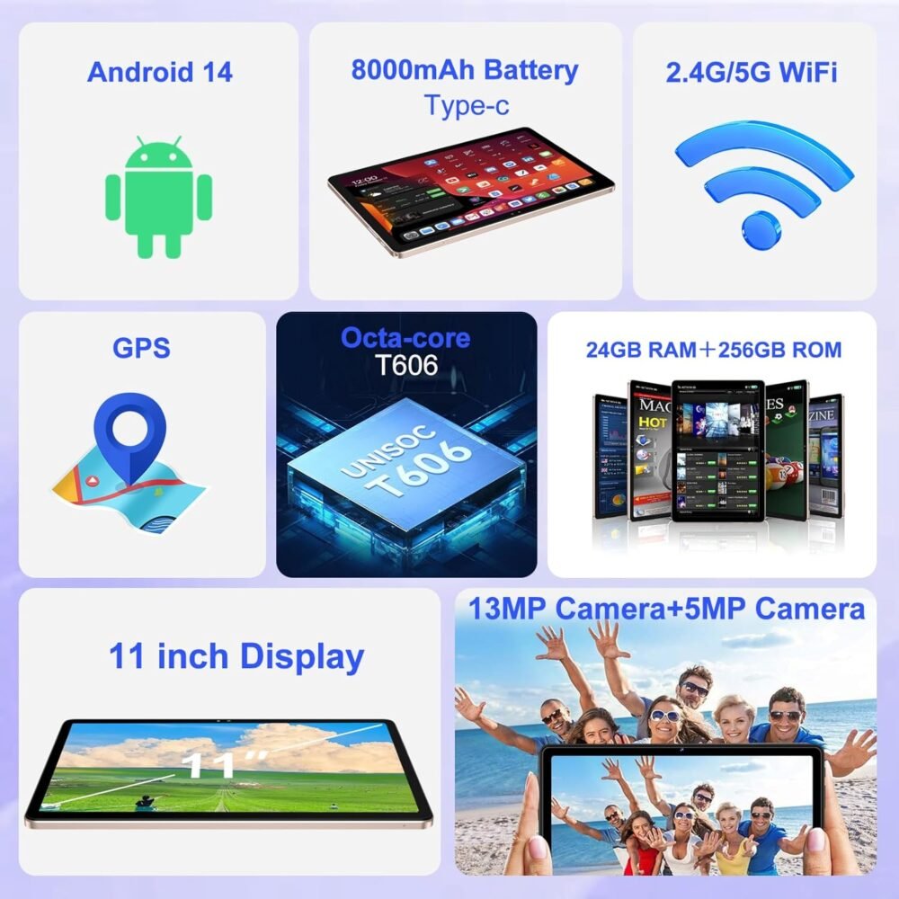 Tablet 11 inch Android 14 Tablets, 24GB RAM 256GB ROM 1TB Expand, Octa-core 8000mAh Battery Tablet PC with 13MP Camera, IPS HD Touchscreen, 5G WiFi, Widevine L1, Bluetooth 5.0, GPS - Rose Gold - Image 6