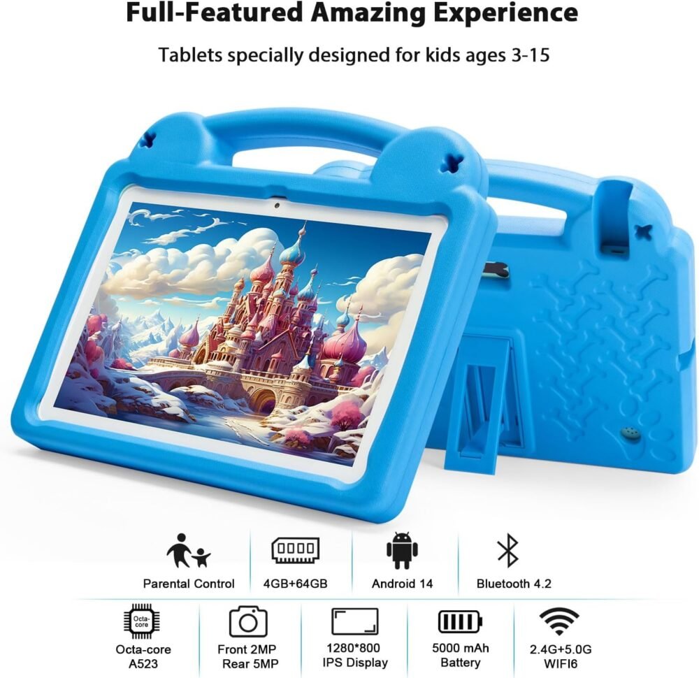 Kids Tablet 10 Inch - Octa-Core, 8GB RAM (4+4) 64GB ROM, IPS HD 1280x800, WiFi 6, GMS - Android 14 Tablet for Kids with Parental Control, Kids Content & Eye Protection, EVA Case (Blue) - Image 3