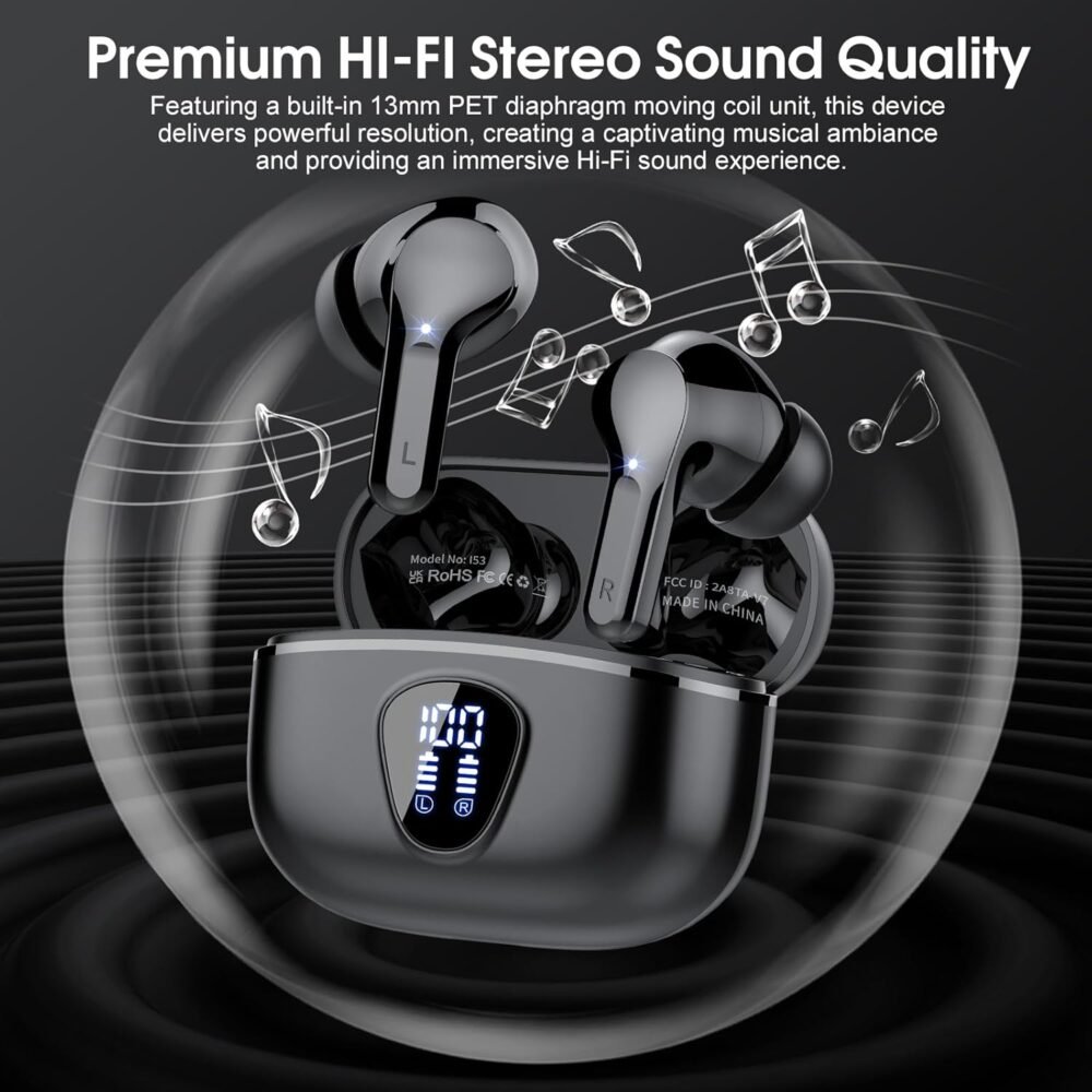 Wireless Earbuds, Bluetooth 5.4 Headphones HiFi Stereo, Bluetooth Earbuds with ENC Noise Cancelling Mic, IP7 Waterproof in Ear Earphones, 48H, LED Display Ear buds for Pad Workout Sports, Black - Image 5