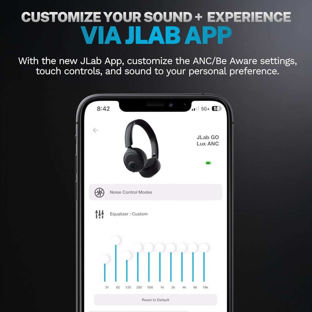 JLab Go Lux ANC Wireless Headphones, Graphite, Hybrid Active Noise Cancelling, Premium On-Ear Bluetooth Headset, Customizable Sound, Be Aware Mode, Cloud Foam Comfort, Multipoint Connection - Image 7