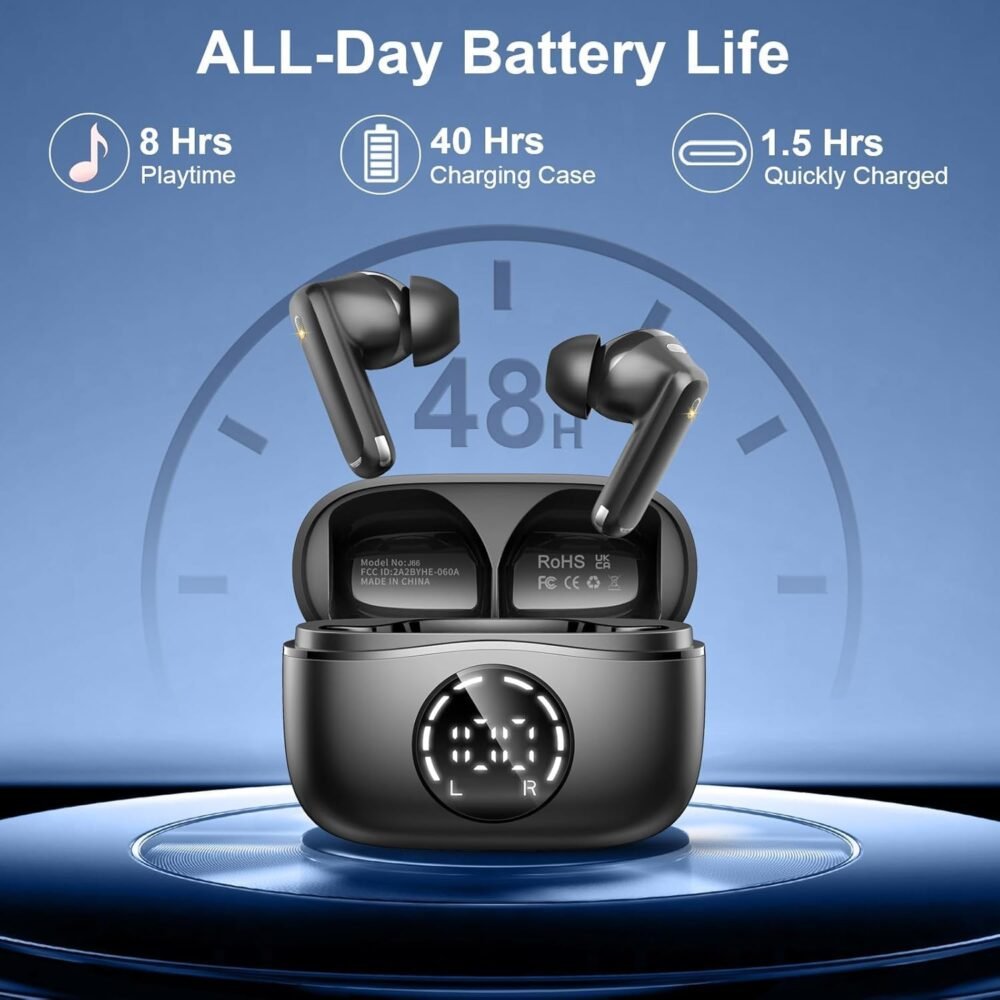 Wireless Earbuds, 2025 Bluetooth Headphones V5.4 Ear buds Built-in ENC Noise Cancelling Mics, 48H Stereo Bass Bluetooth Earbuds with Dual LED Display, IP7 Waterproof Earphones for Android iOS, Black - Image 5