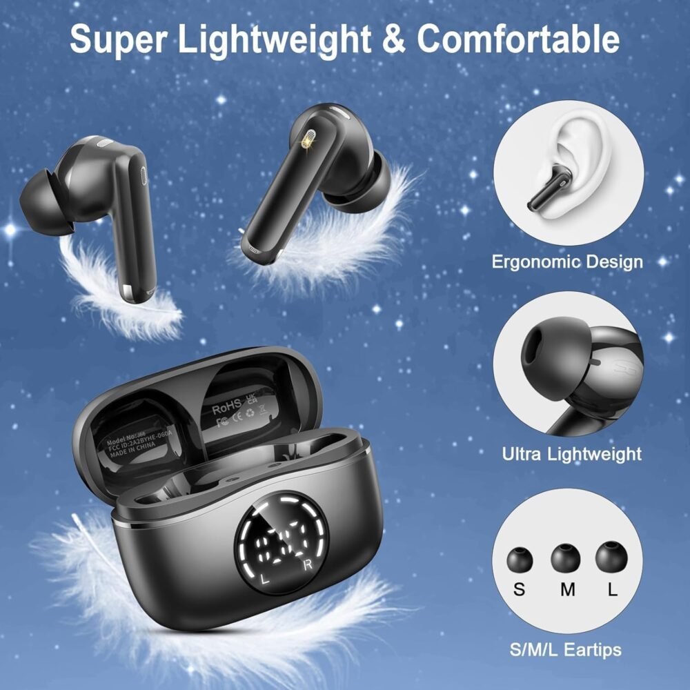 Wireless Earbuds, 2025 Bluetooth Headphones V5.4 Ear buds Built-in ENC Noise Cancelling Mics, 48H Stereo Bass Bluetooth Earbuds with Dual LED Display, IP7 Waterproof Earphones for Android iOS, Black - Image 7