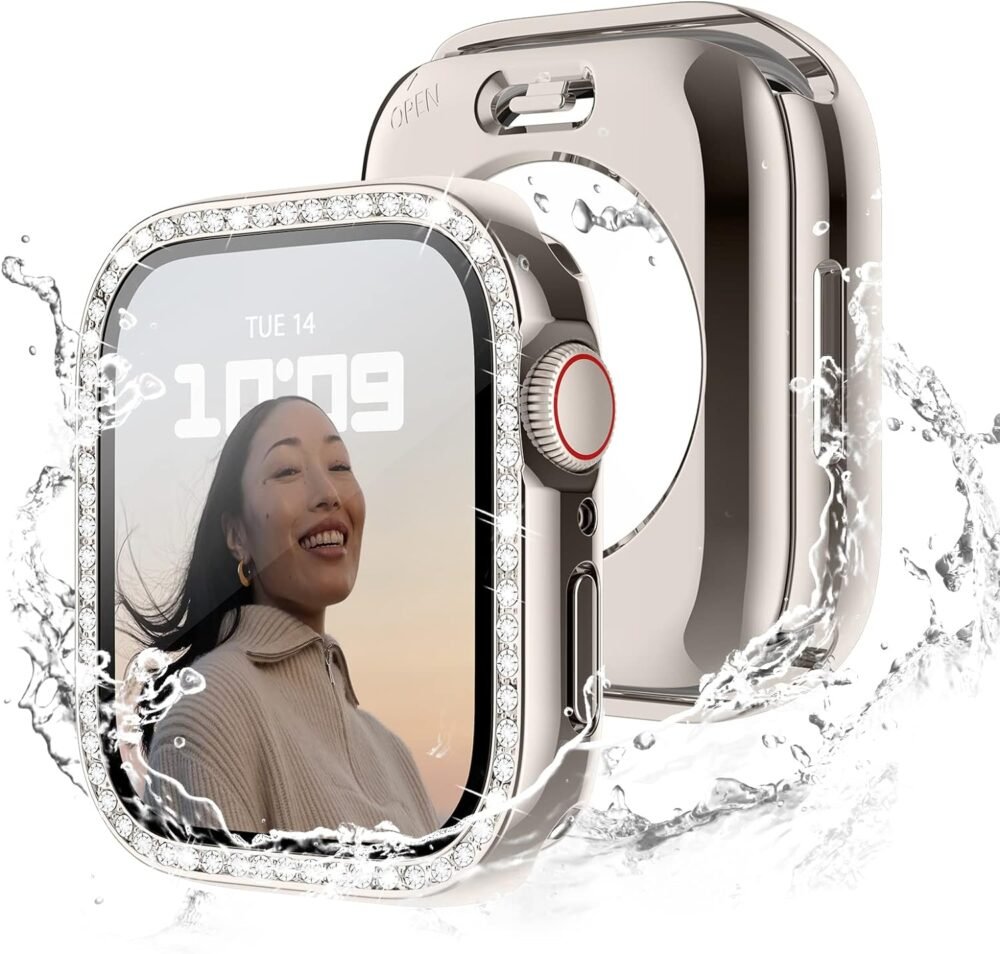 [2 in 1] Waterproof Bling Case Compatible for Apple Watch 41mm Series 8/7 with Tempered Glass Screen Protector, Women Glitter Diamond Rhinestone Bumper 360 Protective Hard PC Cover for iWatch - Image 2