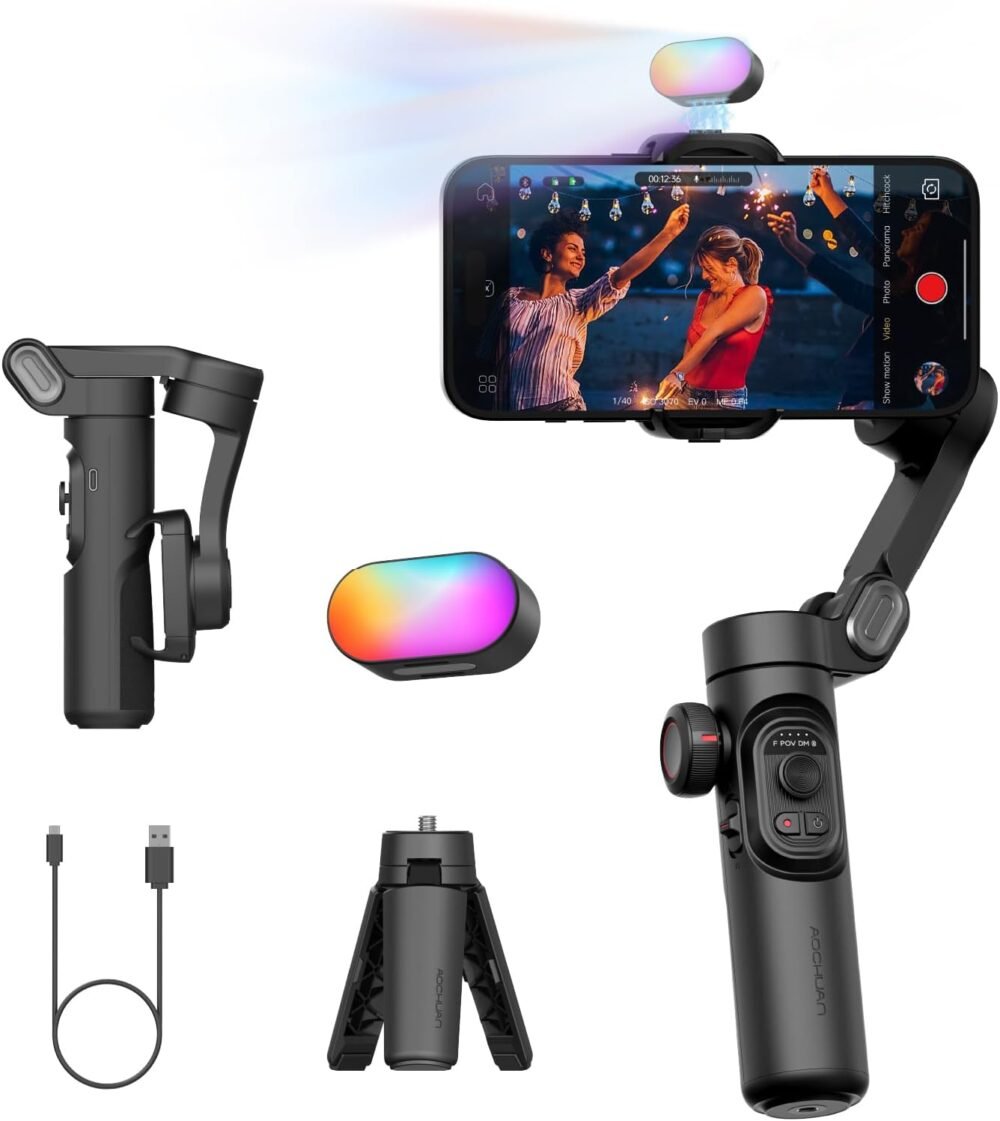 3-Axis Gimbal Stabilizer for Smartphone with RGB Magnetic Fill Light Upgraded Face Tracking Focus Wheel Foldable iPhone Gimbal for iPhone/Android Phone Stabilizer Vlog Recording Smart XE Kit - Image 2