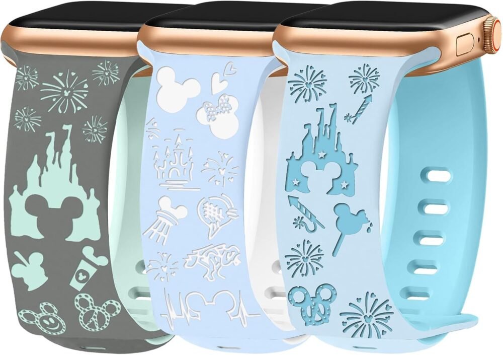 3 Pack Cartoon Engraved Bands for Apple Watch Band 38mm 40mm 41mm 42mm 44mm 45mm 49mm Women, Two-Tone Cute Soft Silicone Sport Strap for iWatch Series SE 9 8 7 6 5 4 3 2 1 Ultra - Image 2