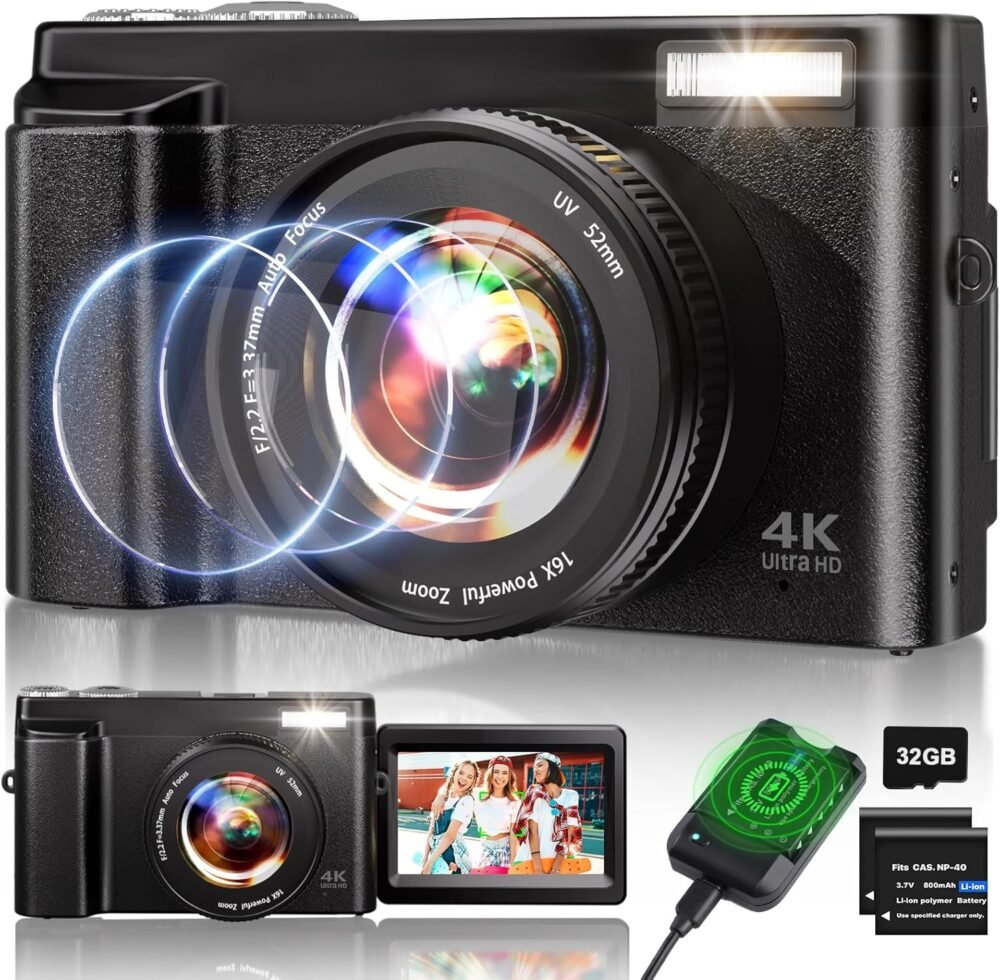 4K Digital Camera for Photography, 48MP Auto-Focus Vlogging Camera for YouTube, 16X Digital Zoom/ 3" 180° Flip Screen/Anti Shake/Flash with SD Card, Compact HD Camera (2 Batteries & Battery Charger) - Image 2