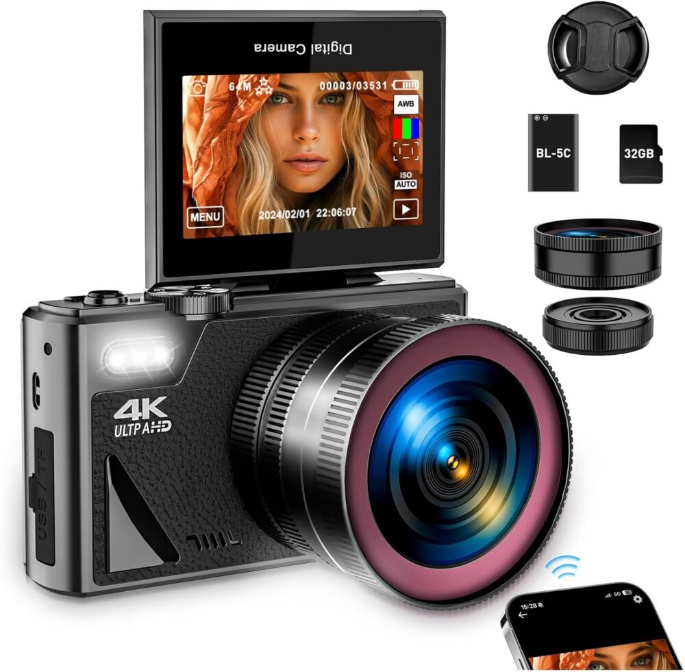 4K Digital Camera for Photography, 64MP WiFi Autofocus Vlogging for YouTube With Super Wide-Angle & Macro Lens, 3" 180 Flip Screen, Video Compact Travel for Beginner, Black - Image 2