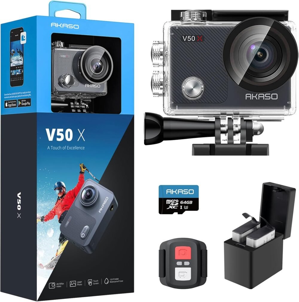 AKASO V50X Native 4K30fps WiFi Action Camera with EIS Touch Screen 4X Zoom 131 feet Waterproof Camera Support External Mic Remote Control with Helmet Accessories (with 64GB MicroSD Card) - Image 2