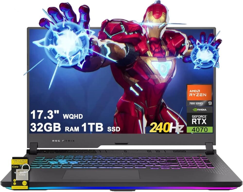 ASUS ROG Strix G17 Gaming Laptop 17.3" WQHD 240Hz (G-Sync, 100% DCI-P3, 3ms) AMD 16-core Zen 4 Ryzen 9 7940HX (>i9-12900H) 32GB RAM 1TB SSD GeForce RTX 4070 USB-C RGB Backlit Win11 w/ICP Accessory - Image 2
