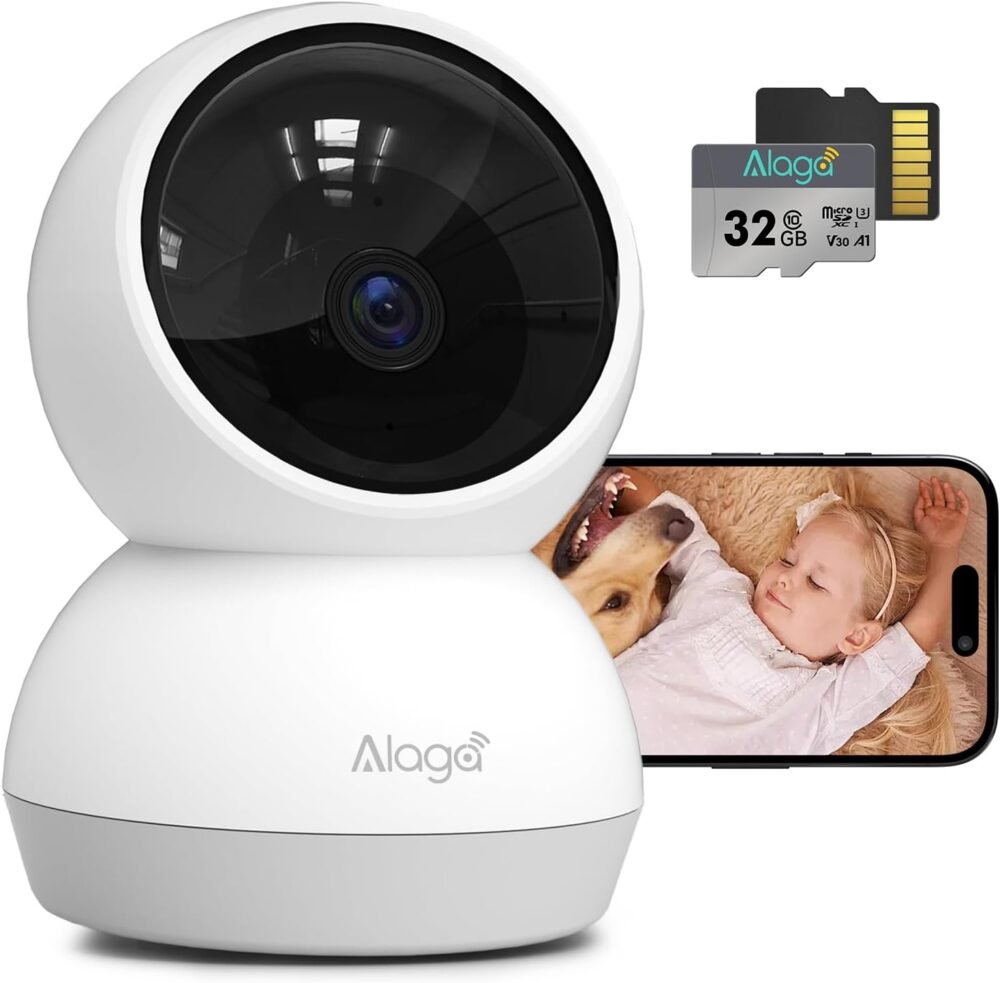 Alaga 2K Indoor Security Camera, AI Human & Pet Motion, 2.4/5 GHz, 360° Pan Tilt, Night Vision, 2 Way Audio, Compatible with Alexa & Google Assistant (32GB TF Card) - Image 2