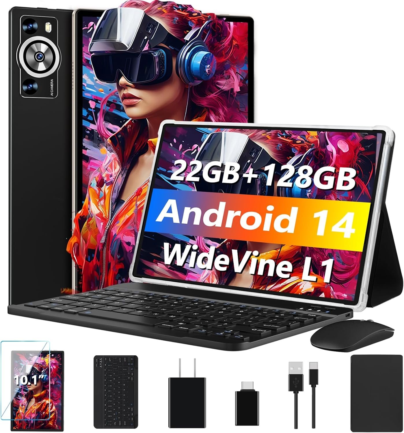 Android 14 Tablet 10.1 Inch 8000mAh Battery Tablets with 22GB RAM 128GB ROM 1TB Expand, Octa-Core HD Touchscreen Tablet with Keyboard, Mouse, Support Widevine L1, Split-Screen - Black - Image 2